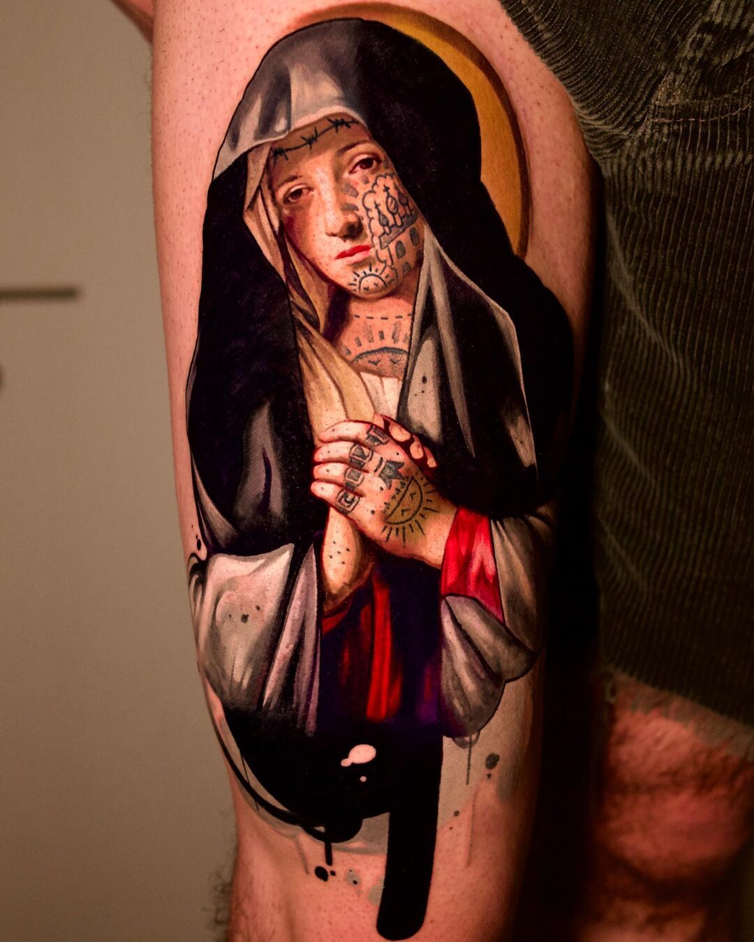 Color realism religious tattoo of the Virgin Mary in prayer
