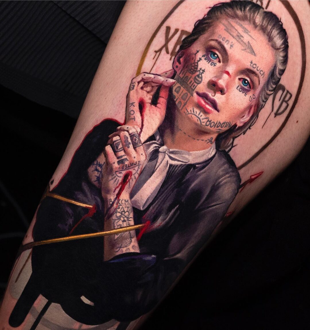 Black-and-grey realism portrait tattoo of a woman holding a rose