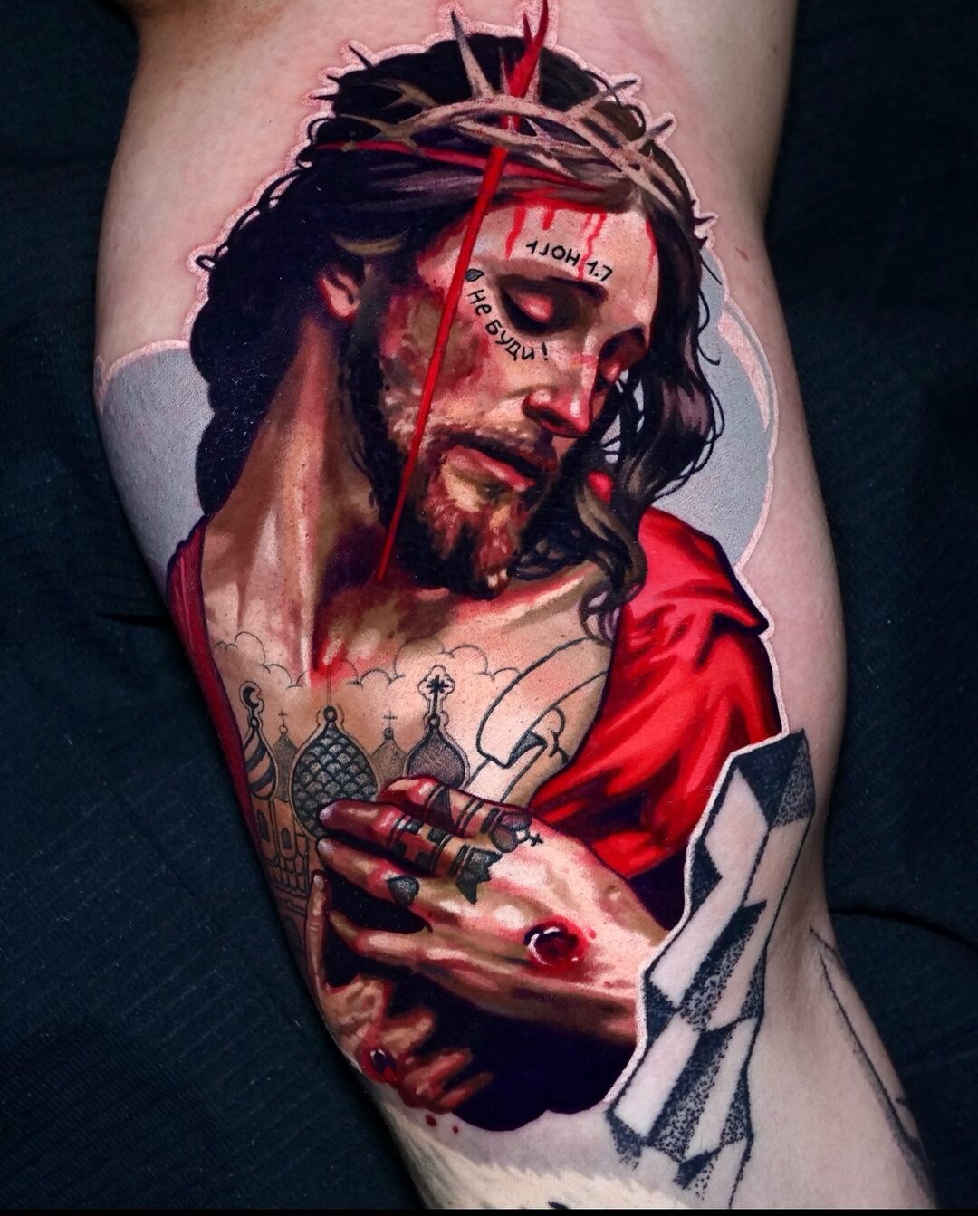 Color realism religious tattoo of Jesus Christ with the crown of thorns