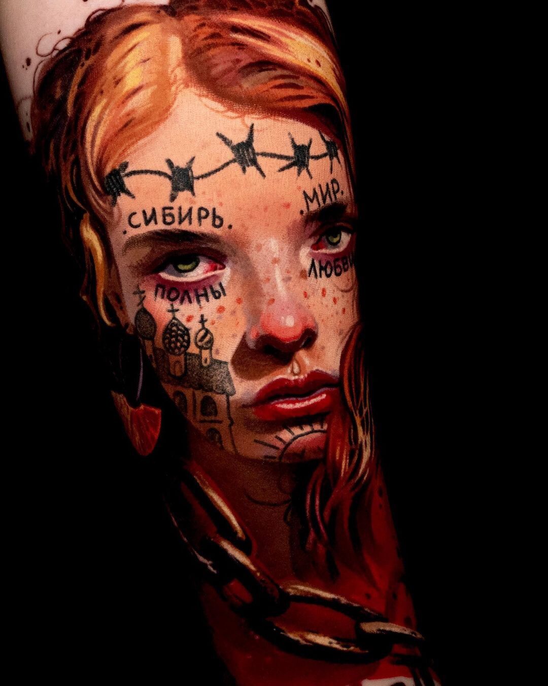 Color realism portrait tattoo of a woman with star freckles